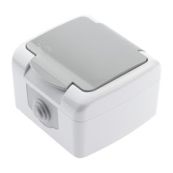 Розетка Intro Atlantic 5-202-03 с заземлением со шторками 2P+E Schuko, 16А-250В, IP54, открытой установки, серый | Intro