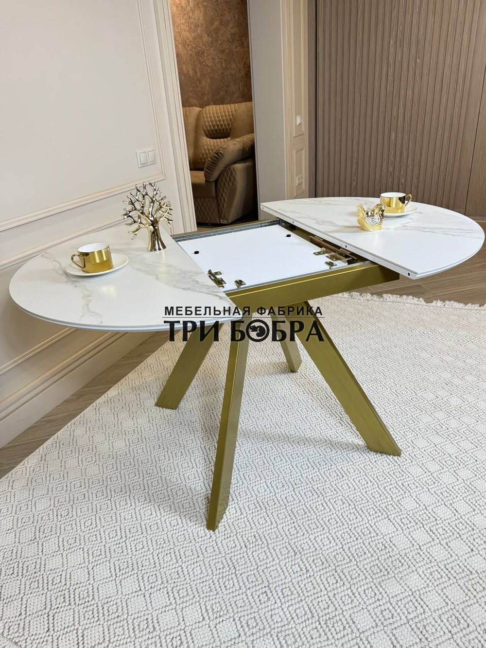 Круглый стол "Бонжур", керамогранит, белый мрамор