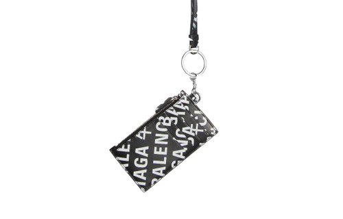 Balenciaga Letter Print Cow Leather Key Pouch Regular Unisex Black
