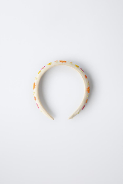 ZARA ОБОДОК С ЦВЕТОЧНЫМ ПРИНТОМ И БИСЕРОМ, ЭКРЮ