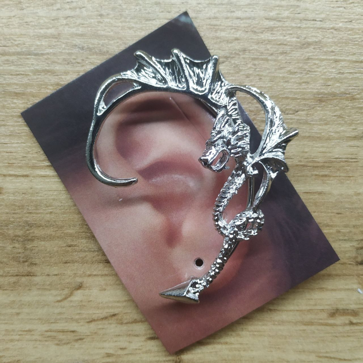 Серьга-кафф Дракон 2 крыла вокруг уха цвет серебристый