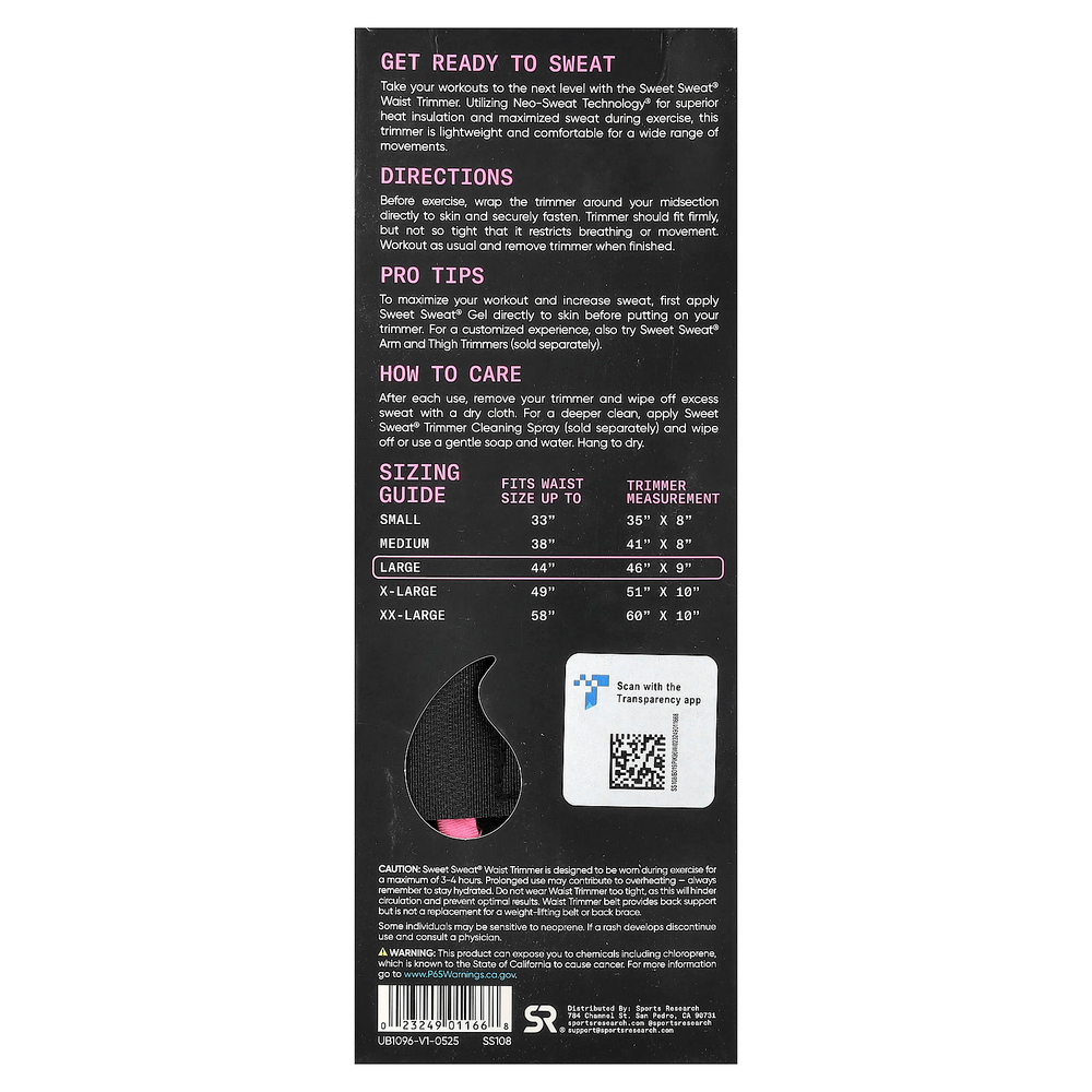 Sports Research, Sweet Sweat®, триммер для талии, большой, розовый, 1 Пояс