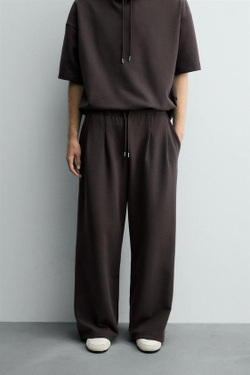 ZARA БРЮКИ ИНТЕРЛОК СО СКЛАДКАМИ И ЭТИКЕТКОЙ, ТЕМНО-КОРИЧНЕВЫЙ