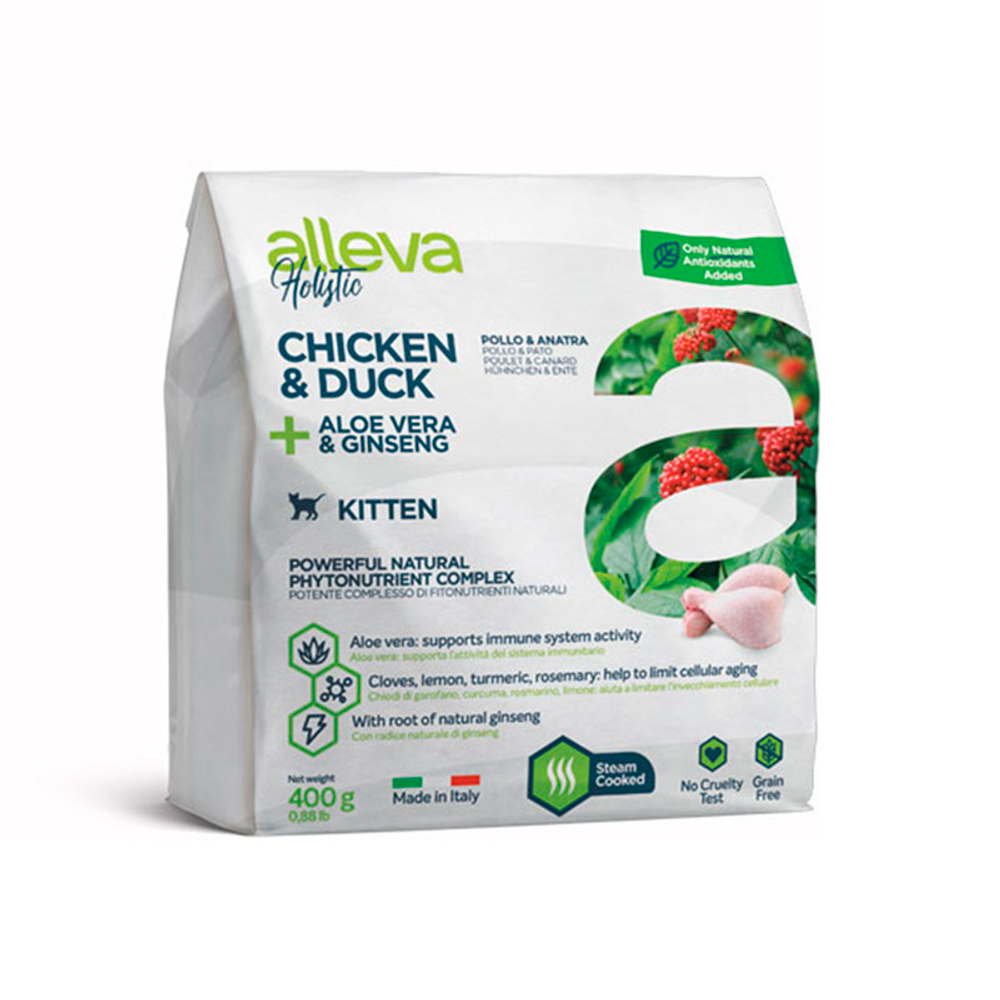 Беззерновой корм Alleva Holistic, для котят, курица/утка/алоэ/женьшень, 400г