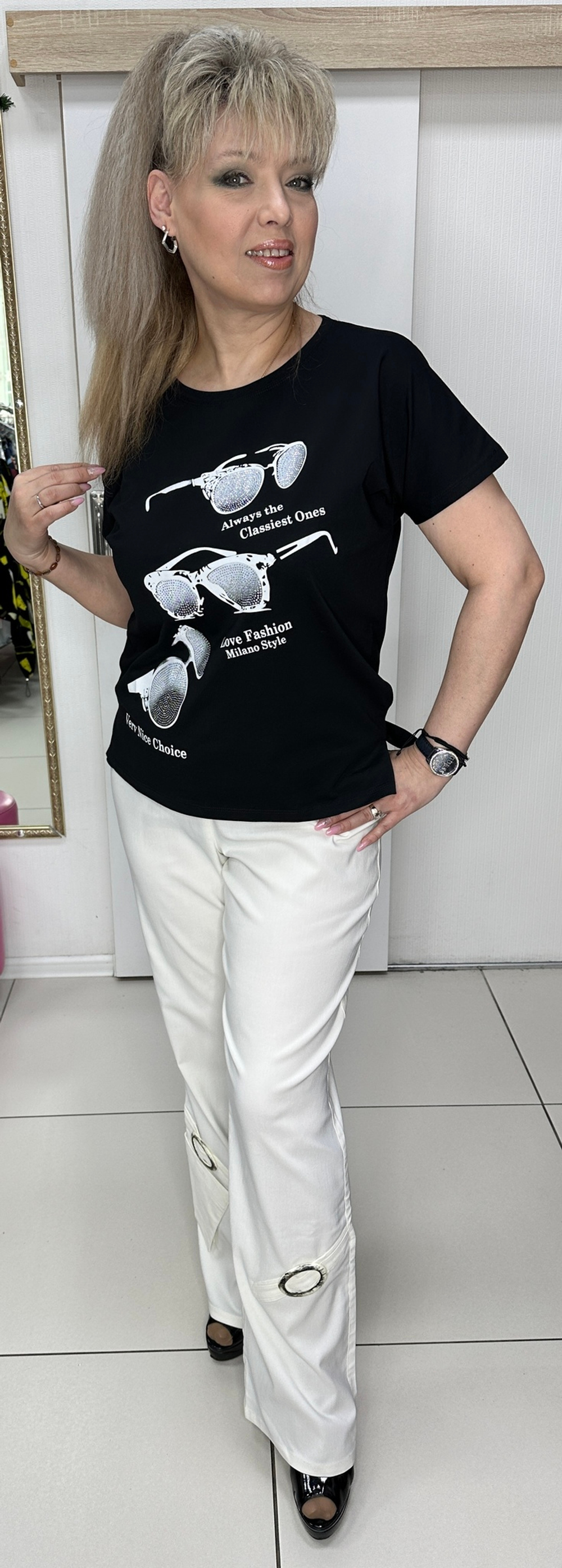 Футболка-блузон со стразовым принтом "очки"