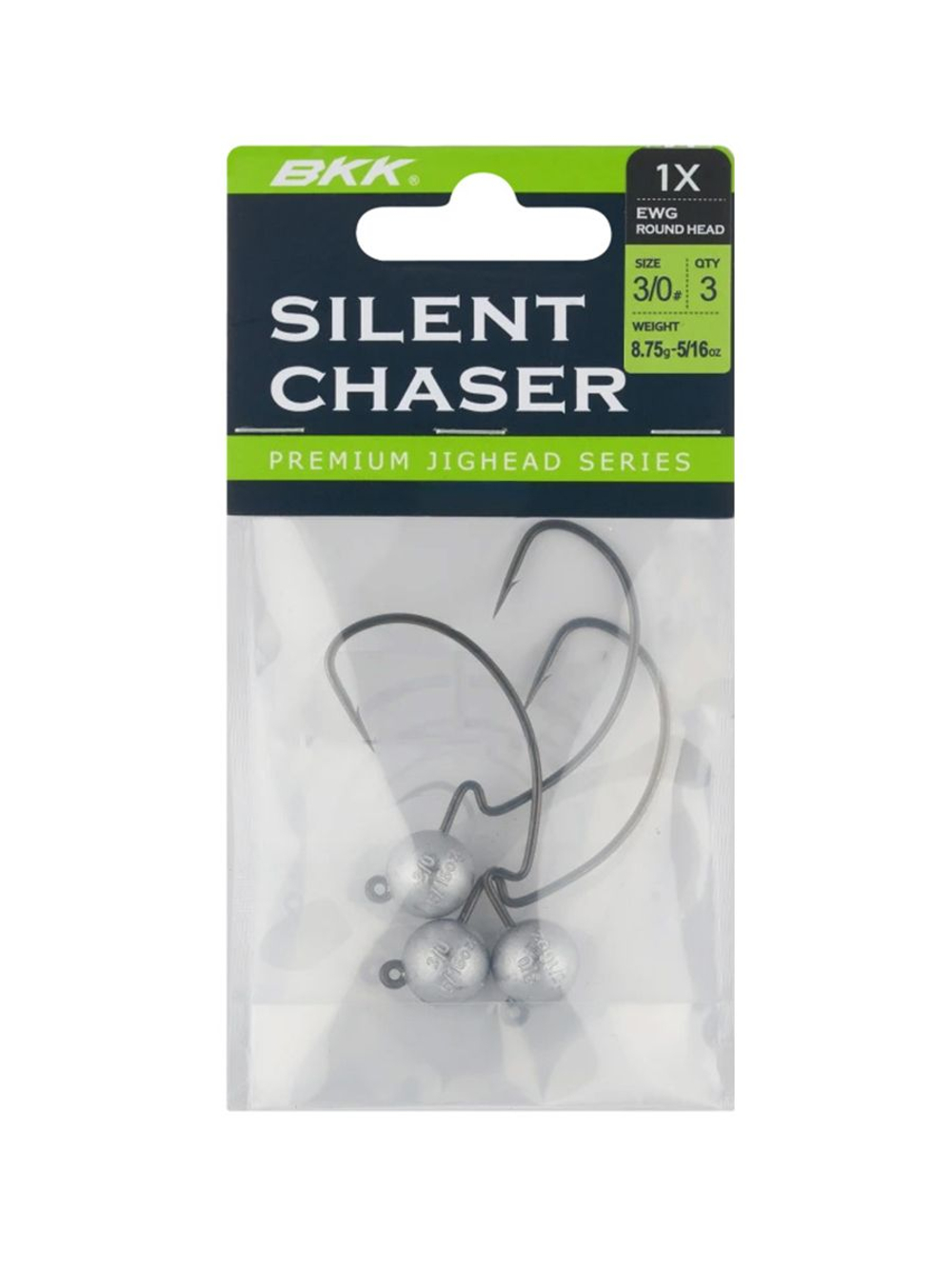 Джиг-головка для рыбалки BKK на офсетном крючке Silent Chaser - 1X - EWG Round Head, размер крючка 2/0, вес 8,75г, 4 шт.