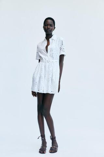 ZARA КОРОТКОЕ ПЛАТЬЕ С АЖУРНОЙ ВЫШИВКОЙ — ZW COLLECTION, ЖЕЛТОВАТО-БЕЛЫЙ