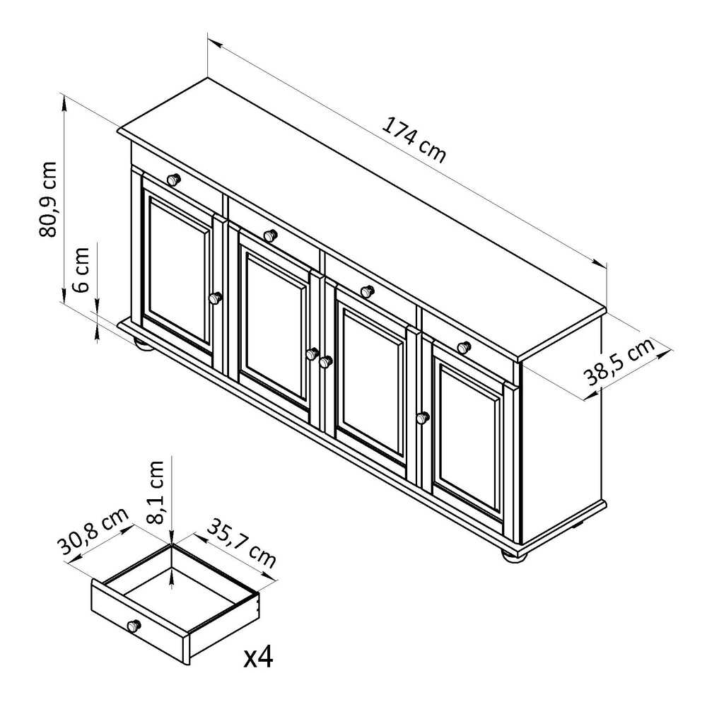Dipriz Тумба Лена 4 двери из сосны, с ящиками (нижняя часть буфета Лена), белый воск