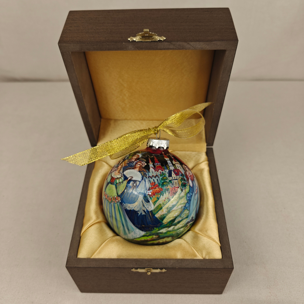 Шар новогодний с круговой росписью Палех "Золушка" в футляре