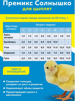 Премикс Солнышко для молодняка кур, уток, гусей в возрасте от 1-3 недель