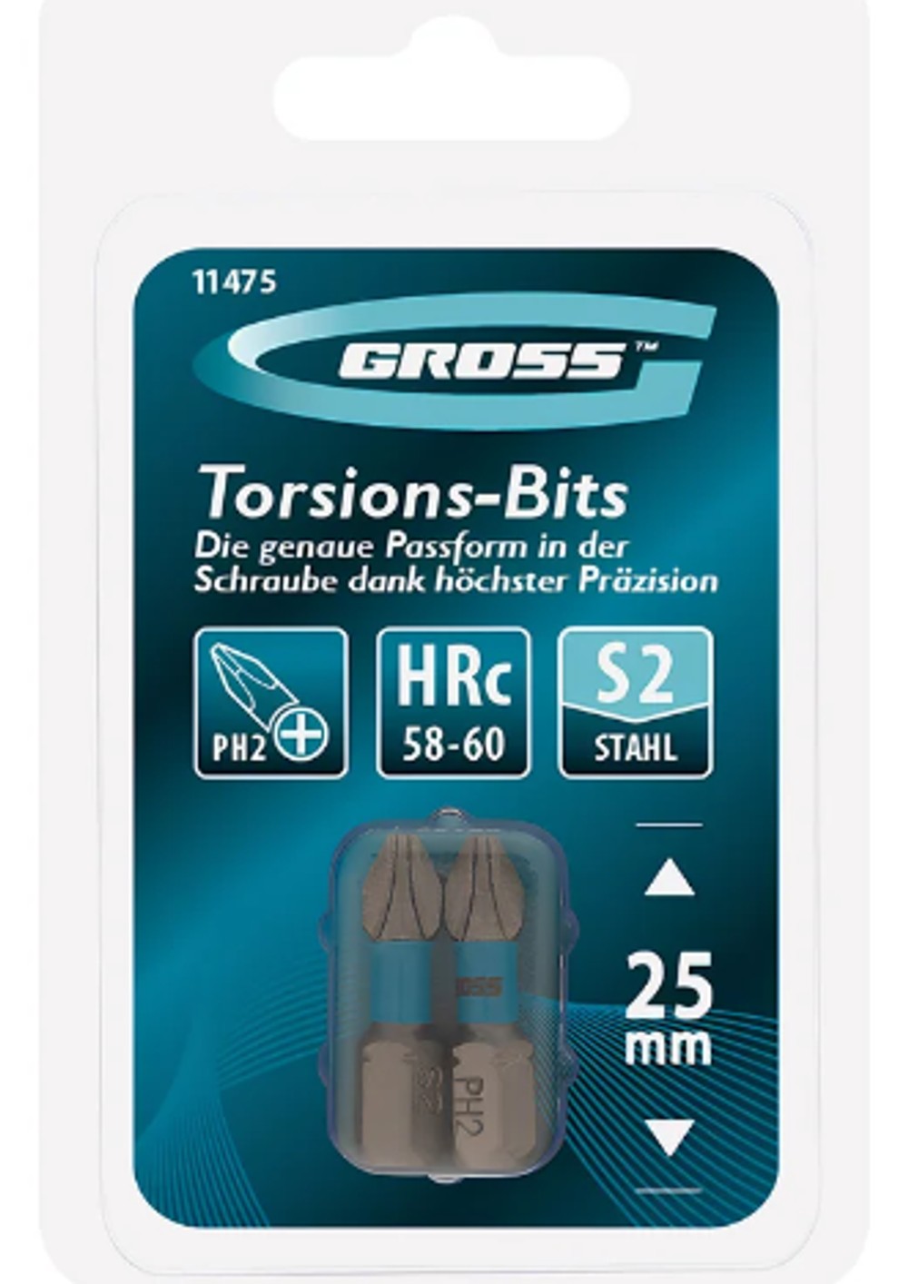 Набор бит торсионных PH2x25 мм, для ударных шуруповертов, 2 шт.// Gross
