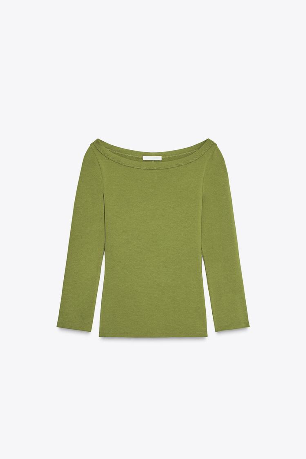 ZARA ФУТБОЛКА С ВЫРЕЗОМ «ЛОДОЧКА», ЦВЕТ ОЛИВКОВОГО МАСЛА