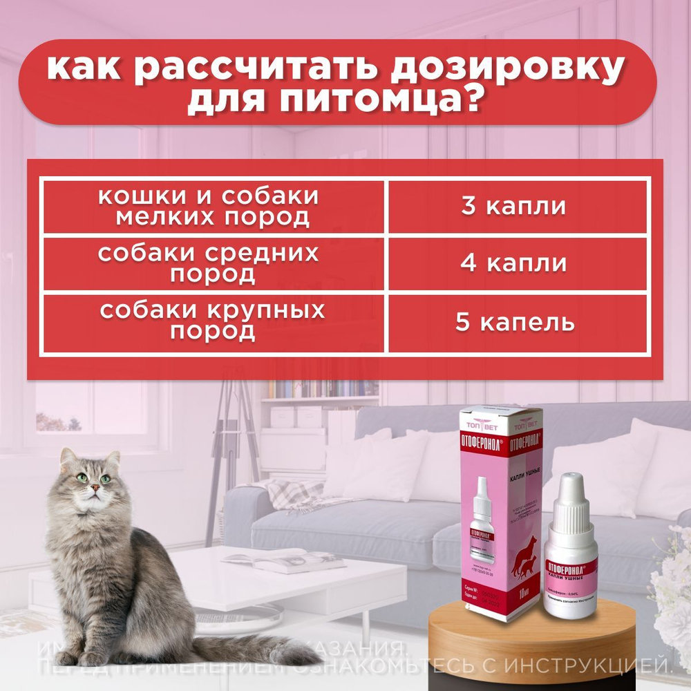 Ушные капли для профилактики и лечения наружных и средних отитов бактериальной этиологии собак и кошек, а также для гигиенической обработки ушей Отоферонол (ТопВет),10мл Циклоферон