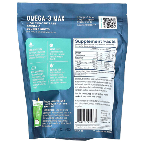 Coromega, Omega-3 Max Plus, высококонцентрированный витамин D3, со вкусом кокоса, 90 порционных пакетиков по 2,5 г