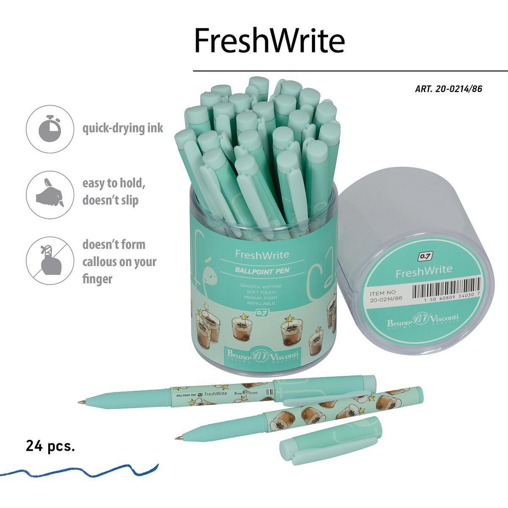 Ручка шариковая 0,7мм, синяя "FreshWrite. Кофемания. Шоколадный коктейль" (Bruno Visconti)