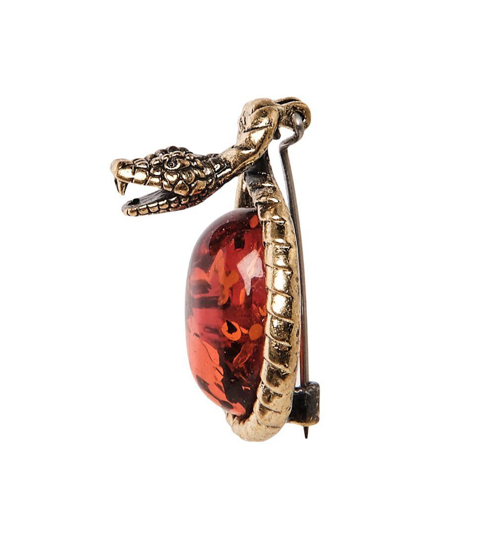 AM-2848 Брошь «Змея Гадюка « (латунь, янтарь)