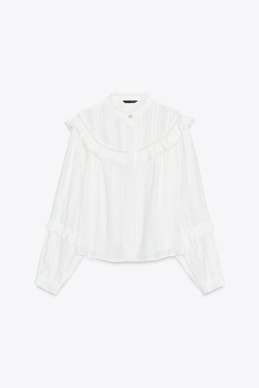 ZARA БЛУЗА С КРУЖЕВОМ И ВОЛАНАМИ, БЕЛЫЙ
