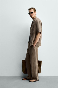 ZARA БРЮКИ СВОБОДНОГО КРОЯ ИЗ 100% ЛЬНА, СЕРО-КОРИЧНЕВЫЙ