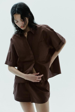 ZARA МИНИ-ШОРТЫ ИЗ ПОПЛИНА, ТЕМНО-КОРИЧНЕВЫЙ