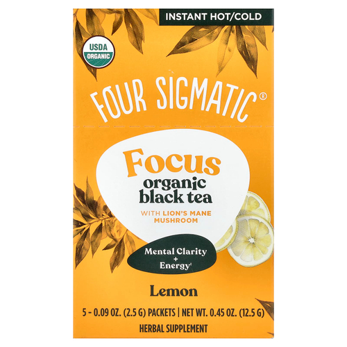 Four Sigmatic, Focus, органический черный чай с ежовиком гребенчатым, лимон, 5 пакетиков по 2,5 г (0,09 унции)