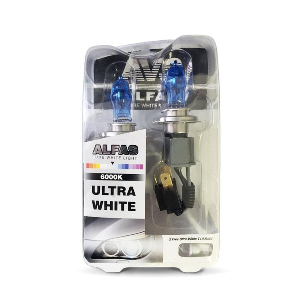 Лампа газонаполненная 12 В H4 6000К 75/85 Вт Alfas Pure White 2+2 (T-10) шт. AVS