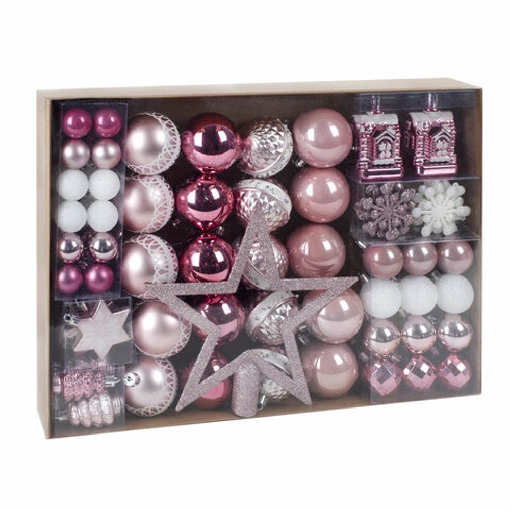 Шары новогодние ёлочные "Elegant Pink" 77 предметов, розовый/белый, ЗОЛОТАЯ СКАЗКА, 591715