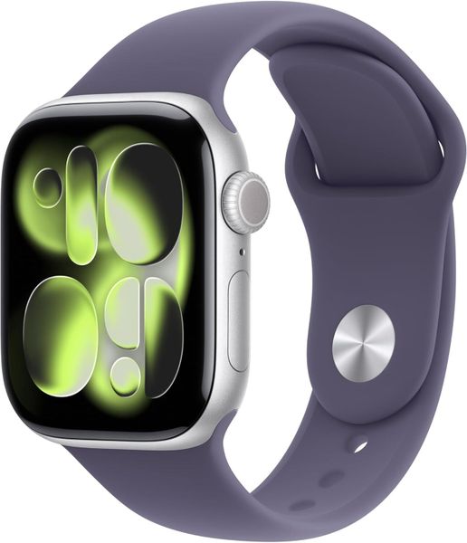 Умные часы Apple Watch Series 11 42 мм из алюминия серебристого цвета, спортивный ремешок цвета «фиолетовый туман» (S/M)