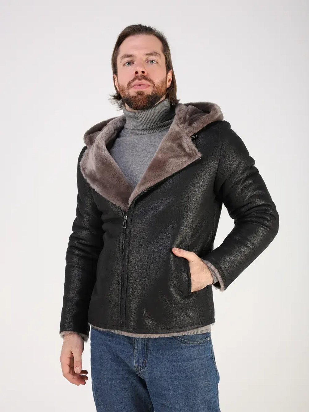 Дубленка зимняя куртка натуральная с капюшоном косуха