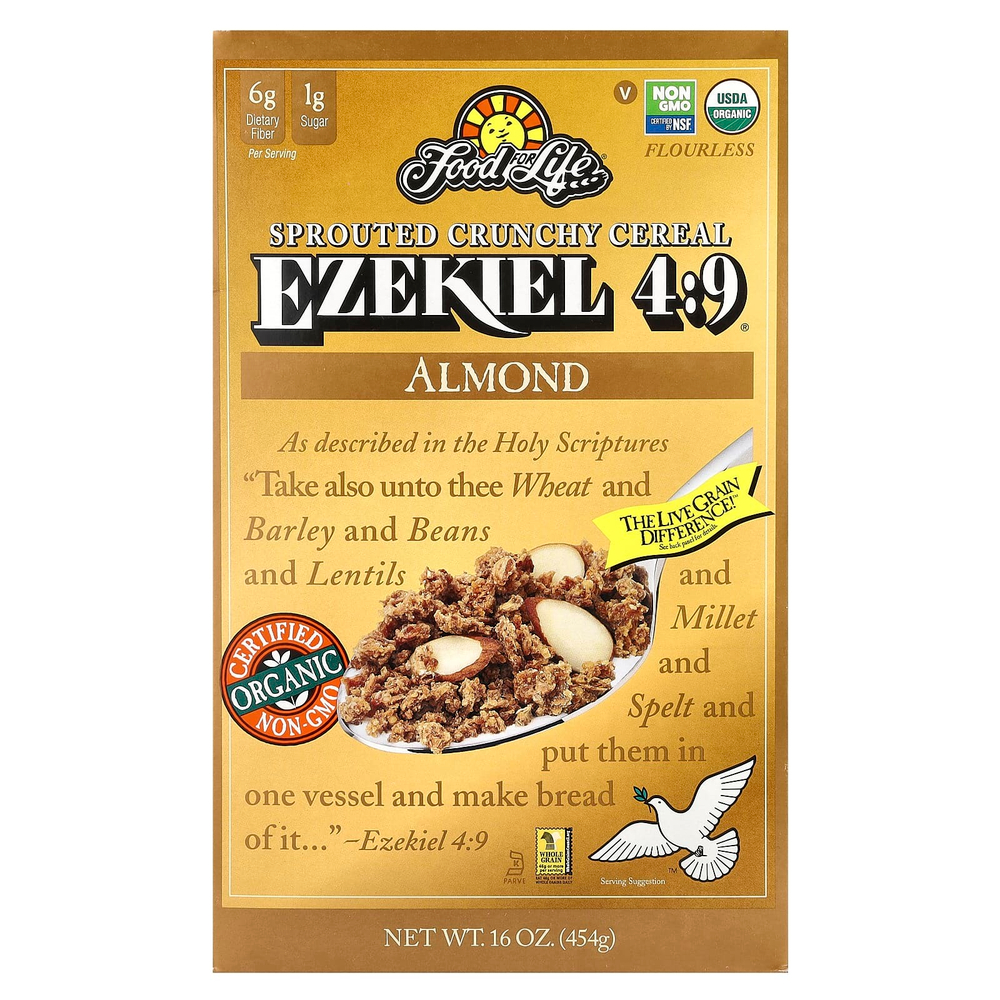 Food For Life, Иезекииль 4: 9, хрустящие хлопья с ростками, миндаль, 454 г (16 унций)
