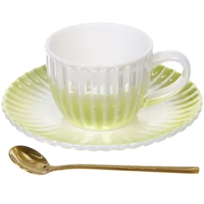 Чайная пара «Жемчужный блеск» (кружка 180мл, блюдце, ложка) салатовый