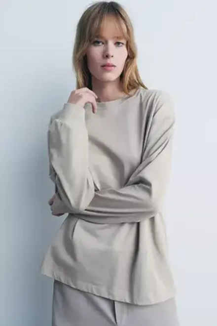 ZARA ФУТБОЛКА С ДЛИННЫМИ РУКАВАМИ, ПЕСОЧНЫЙ