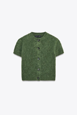 ZARА КАРДИГАН ИЗ ПРЯЖИ С КОРОТКИМИ РУКАВАМИ, БУТЫЛОЧНО-ЗЕЛЕНЫЙ