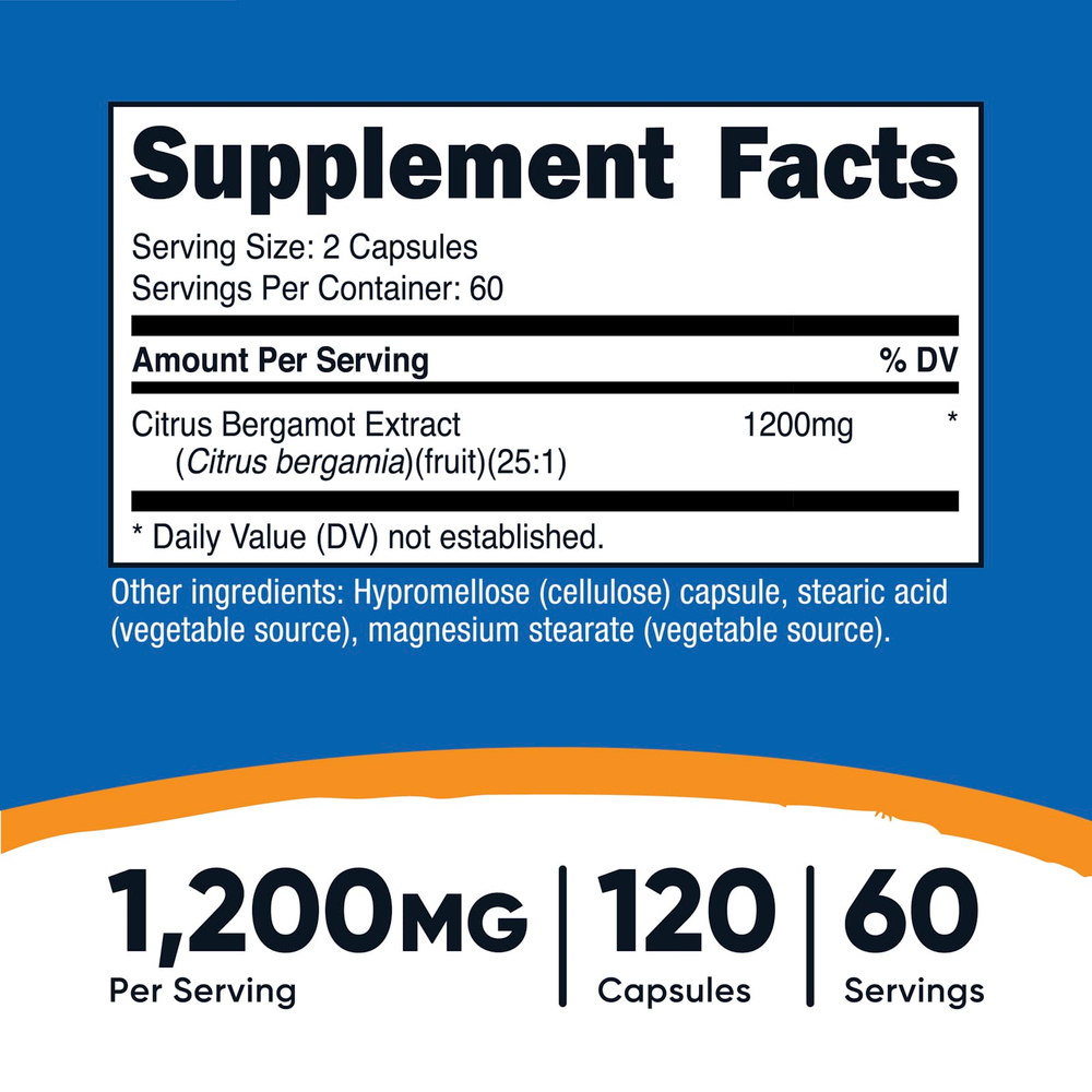 Nutricost, Цитрусовый бергамот, 120 капсул (600 мг в каждой капсуле)