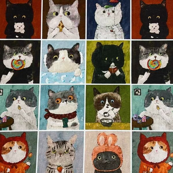 Купон 39x110 cm, ЗАБАВНЫЕ МИНИ КОШКИ, С ЛЕДЕНЦОМ, СЕРО-ЗЕЛЕНАЯ КЛЕТКА 2