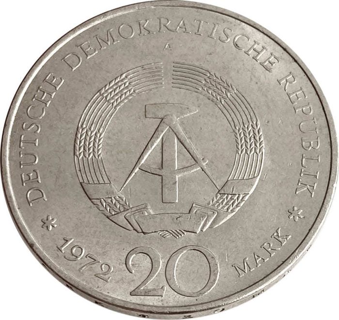 20 марок 1972 Германия «Вильгельм Пик»
