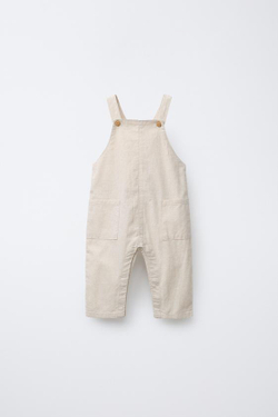 ZARA ДЛИННЫЙ КОМБИНЕЗОН ИЗ СМЕСОВОГО ЛЬНА, СВЕТЛО-БЕЖЕВЫЙ