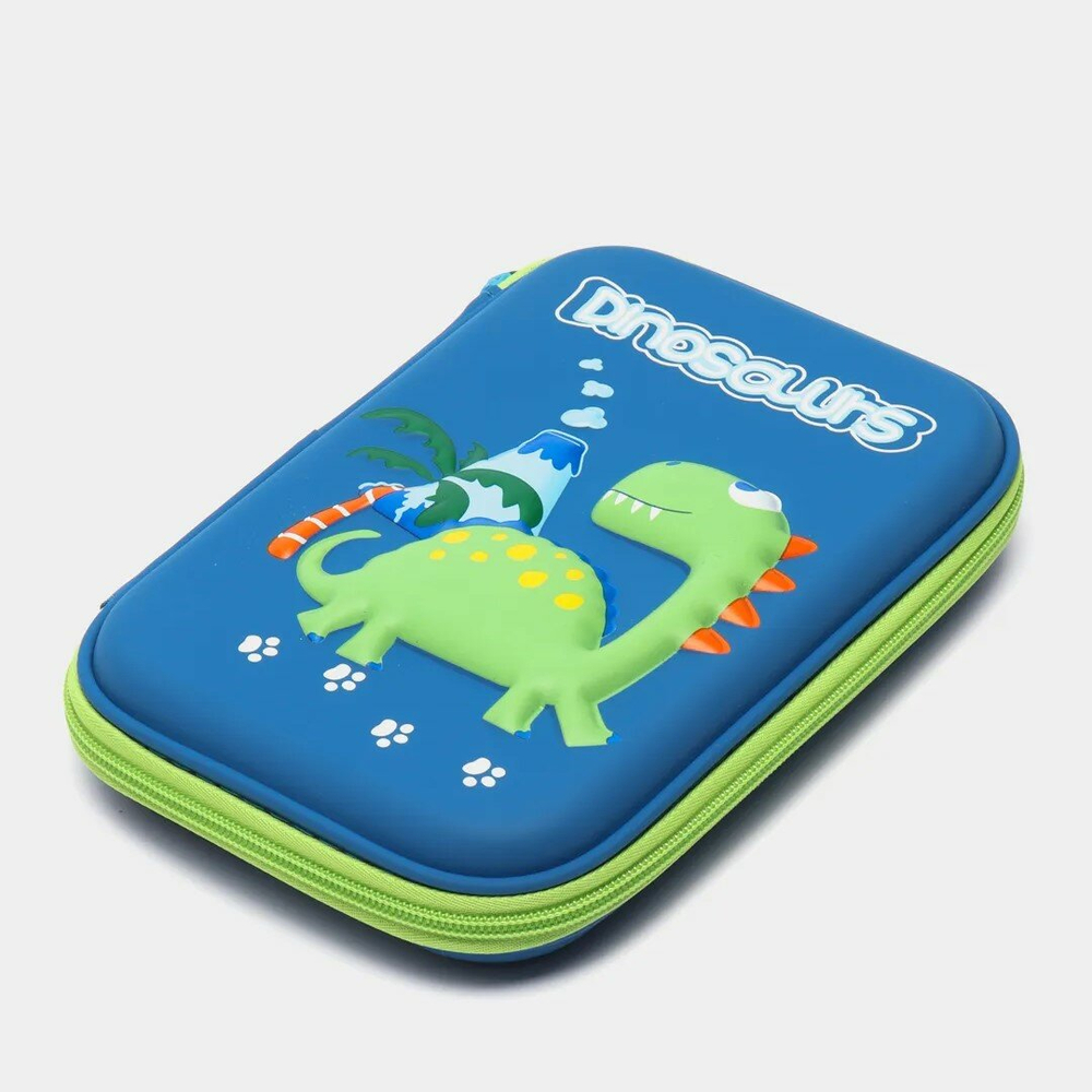 Пенал школьный с динозавром в школу для девочек мальчиков с 3д рисунком на молнии, синий