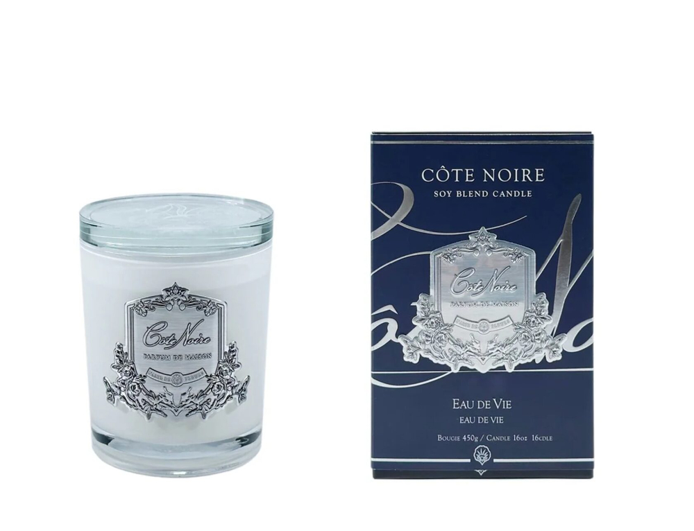 Свеча EAU DE VIE 450 гр, белый стаканчик, серебряный декор, время горения 100 Cote Noire 450 мл