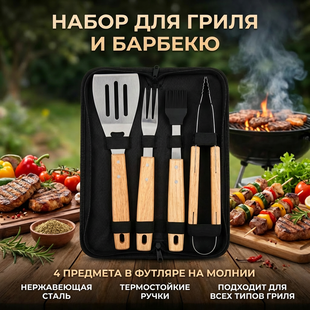 Набор для гриля и барбекю из 4 предметов в футляре BBQ-252: щипцы, вилка, лопатка, кисточка