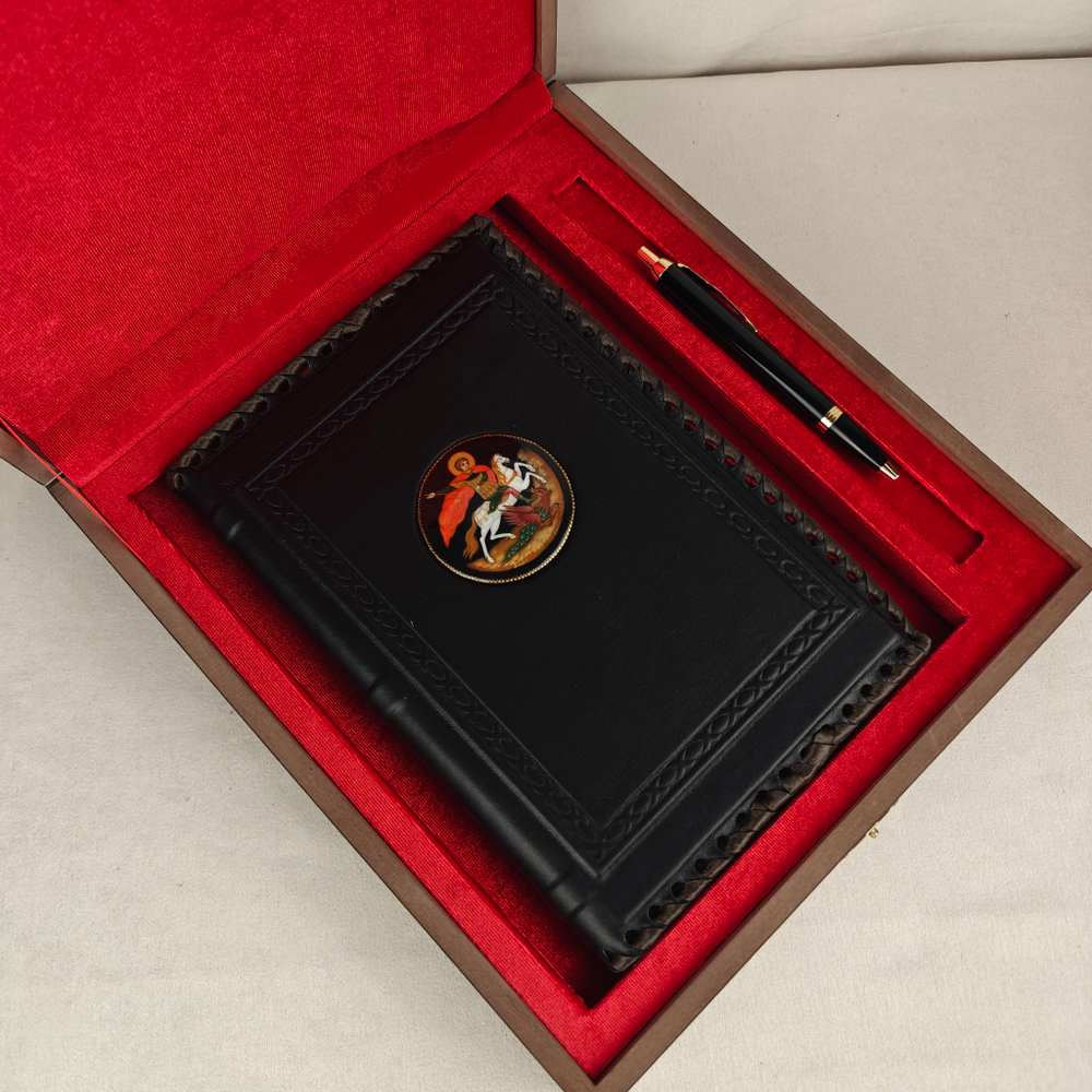 Ежедневник А5 "Георгий Победоносец" (обложка из натуральной кожи) с росписью Палех и ручкой в футляре