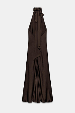ZARA АТЛАСНОЕ ПЛАТЬЕ С ГОРЛОВИНОЙ ХАЛТЕР ИЗ КОЛЛЕКЦИИ ZW, КОРИЧНЕВЫЙ