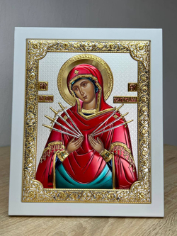 Семистрельная БМ, икона прямоугольная с рамкой, белое дерево, эмаль 185х235