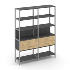 Shelf System Двухсекционный стеллаж пятиярусный с ящиками SN.STM-522 Антрацит/Тиквуд Светлый/Металл