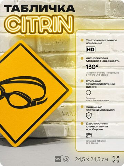 Табличка декоративная "Очки для плавания" на дверь и стену, спортивная, информационная, декоративный знак, 24,5х24,5 см, пластиковая, Айдентика Технолоджи