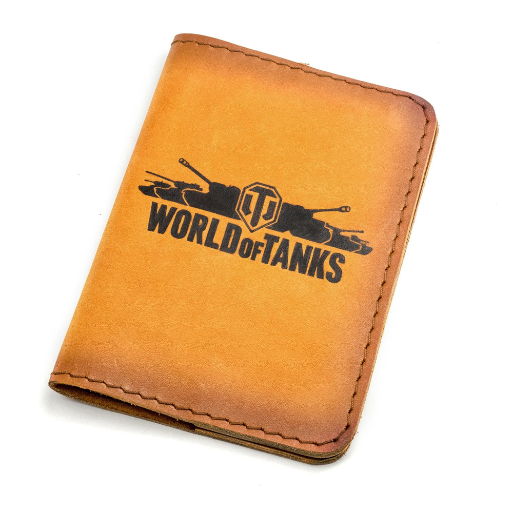 Обложка для паспорта ручной работы "WORLD OF TANKS" светло-коричневая из толстой натуральной кожи российского производства OKOP-04