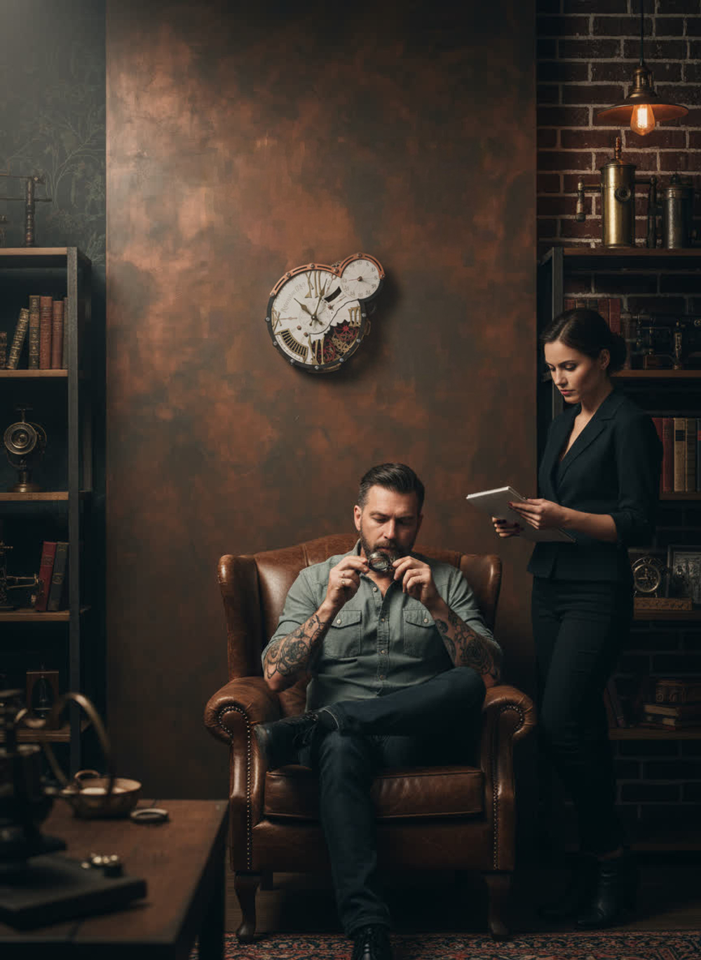 Интерьер в викторианском стиле с настенными часами WOODandROOT Automaton 1789 Hermitage на стене в гостиной