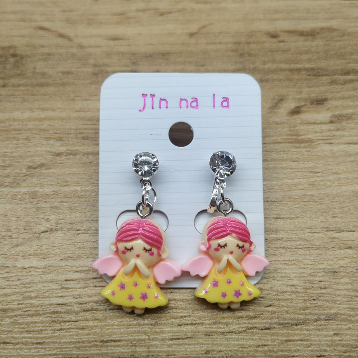 Клипсы Angel Ангелочек в желтом платье с розовыми волосами кристалл металл серебристый