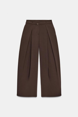 ZARA БРЮКИ С ШИРОКИМИ ШТАНИНАМИ И ТОНКИМ РЕМНЕМ, КОРИЧНЕВЫЙ