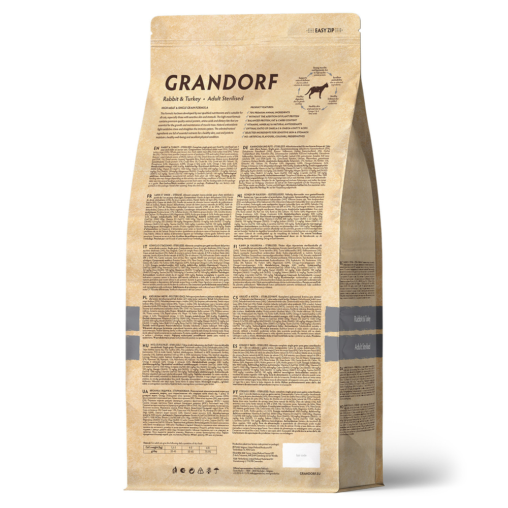 Grandorf Adult Sterilised Сухой корм для стерилизованных кошек с кроликом и индейкой, 2 кг