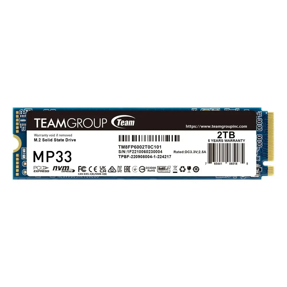 Твердотельный накопитель 2000GB SSD TeamGroup MP33 M.2 2280 R1800Mb/s W1500MB/s PCI-E Gen3x4 TM8FP6002T0C101 Retail